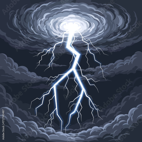 Dramatic lightning strike illuminates dark stormy clouds, capturing nature's raw power and intensity with vibrant energy
