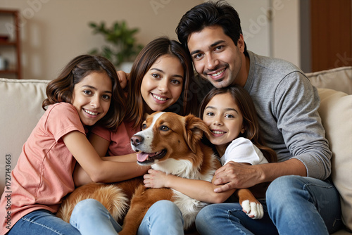 Portrait of happy smiling hispanic family with two daughters and pet dog cuddling on sofa at home. Loving parents and children enjoying quality time together, representing love and family values