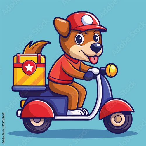 An adorable cartoon dog in a red cap enthusiastically rides a scooter, carrying a bright yellow insulated delivery bag. This joyful image evokes fast and friendly delivery services.