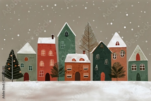 Colorful Houses Dusted With Snow Under a Starry Winter Sky at Night.