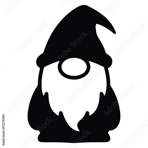 Black and white minimalist gnome illustration with hat and beard