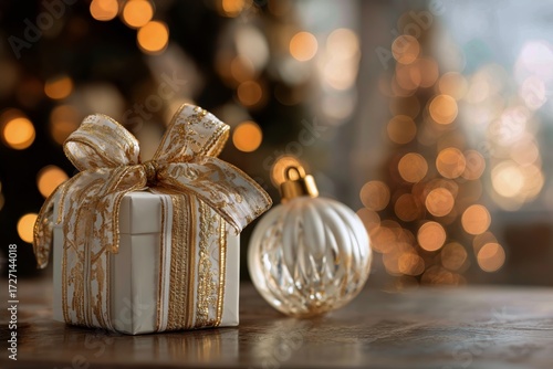 Decorative Gift Box With Golden Ribbon and Shiny Ornament in Cozy Holiday Set...