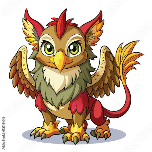 A whimsical and adorable depiction of a griffin, featuring feathered wings, a bird-like head, and lion-like body. This creature embodies mythical fantasy and adventure in a playful style.