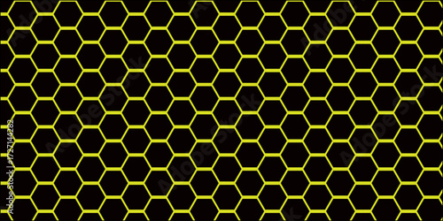 "Luminous Hive Matrix: Abstract Black Geometric Background with Glowing Hexa Patterns for Banners and Modern Visual Media"