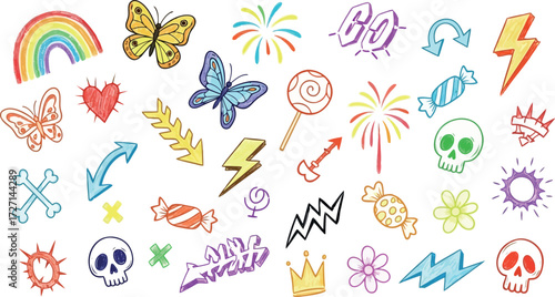 Vector art of collection of colorful handdrawn doodles including rainbows, butterflies, lightning bolts, and skulls