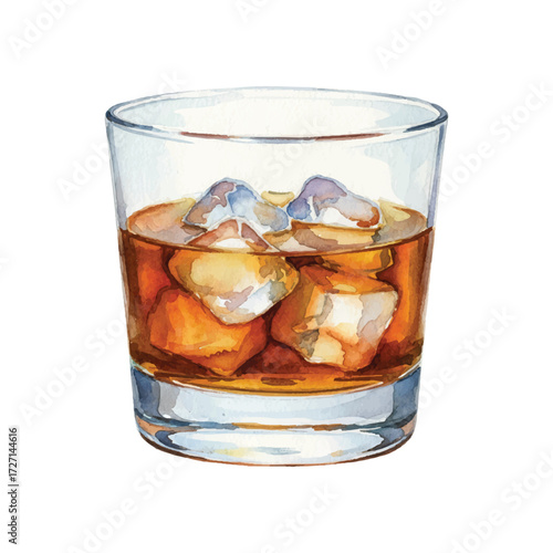 Watercolor Bourbon Whiskey Vector Illustration Isolated on White Background, Classic American Whiskey Glass Clipart for Bar, Pub and Menu Design