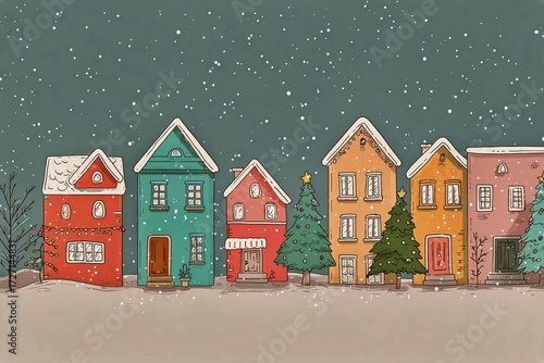 Colorful Houses Decorated for Winter Holidays in a Snowy Town Scene at Night