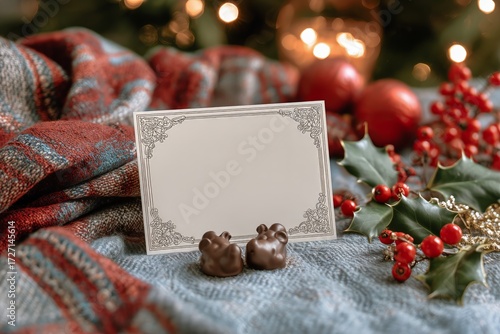 Holiday Decoration With Chocolates, Blank Card, and Festive Elements on a Coz...