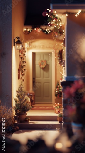 Cozy Winter Evening at a Decorated House With Holiday Lights and Snow.