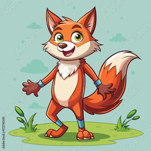 An adorable anthropomorphic fox with bright eyes and a bushy tail stands on a grassy patch, looking happy and playful. Perfect for children's content and whimsical designs.