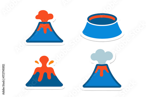 Stylized volcanoes depicting various stages of eruption with flowing lava, rising smoke, and a dormant crater