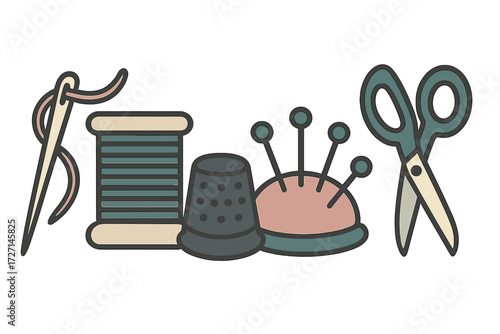 Assortment of essential sewing tools including needle, thread, thimble, pincushion, and scissors for various textile projects
