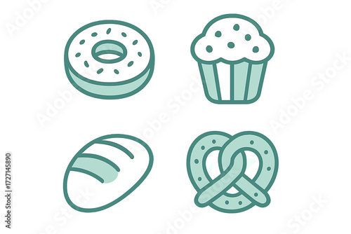 Delicious assortment of popular bakery items and sweet treats like donuts, cupcakes, bread, and pretzels