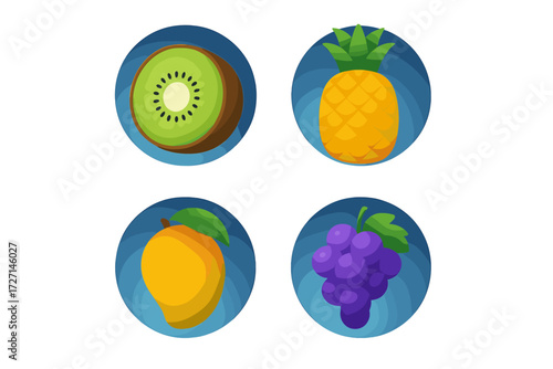 Collection of fresh tropical and common fruits including kiwi, pineapple, mango, and grapes in a modern icon style