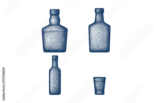 Collection of blue stippled texture outlines depicting various alcohol bottles and a small shot glass