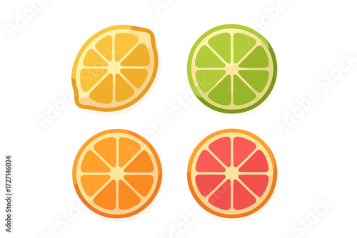 Assortment of fresh citrus fruit slices including lemon, lime, orange, and grapefruit on a clean white background
