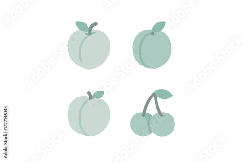 Minimalist flat design fruits including peaches, apricots, and cherries on a clean white background with subtle shadows