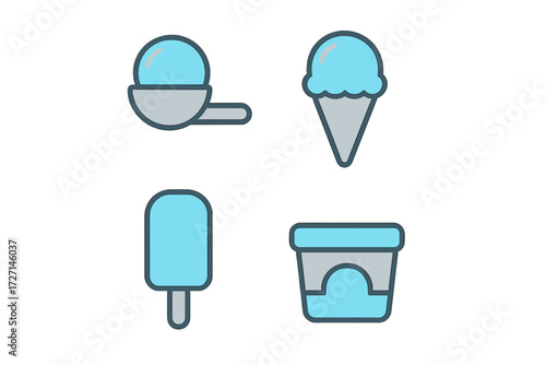 Delicious sweet frozen desserts assortment featuring ice cream scoops, cones, popsicles, and tubs for summer