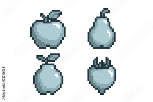 Pixelated fruit icons set including apple, pear, and pomegranate in a classic retro video game style