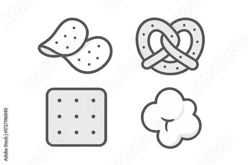 Assortment of common snack foods including potato chips, pretzel, cracker, and fluffy popcorn for various occasions