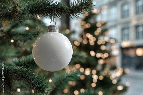 White Ornament Hanging on a Christmas Tree in a Sunny Outdoor Setting.