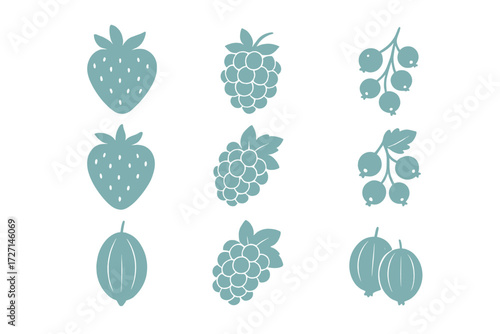 Stylized collection of fresh garden berries including strawberries raspberries redcurrants and gooseberries