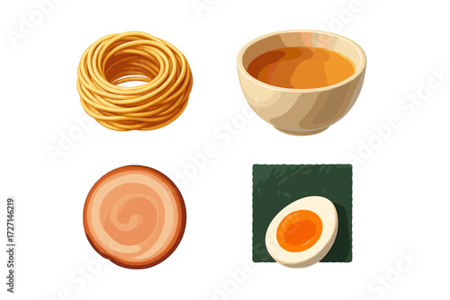 Delicious ramen ingredients set with noodles, savory broth, chashu pork, and soft boiled egg on a clean white background
