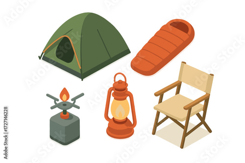 Isometric outdoor adventure gear set with tent, sleeping bag, camping stove, lantern, and folding chair