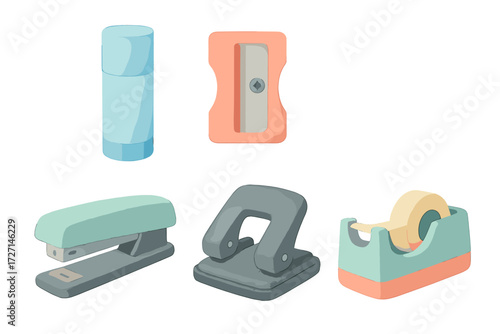 Essential office and school supplies including stapler, glue stick, tape dispenser, hole punch, and sharpener