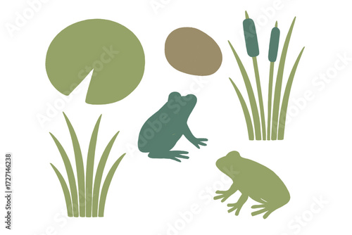 Stylized green frogs with lily pads, cattails, and grass elements for a pond or wetland nature scene