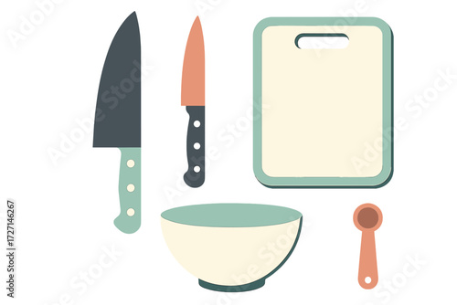 Essential kitchen cooking tools and utensils set including chef knife, paring knife, cutting board, mixing bowl, and measuring spoon for food preparation