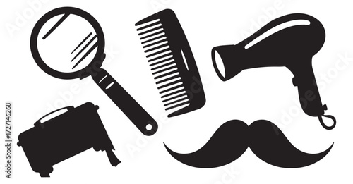 black and white silhouette vector set of barber tools