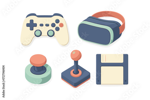 Assortment of modern and retro gaming accessories including a virtual reality headset, game controller, joysticks, and data storage