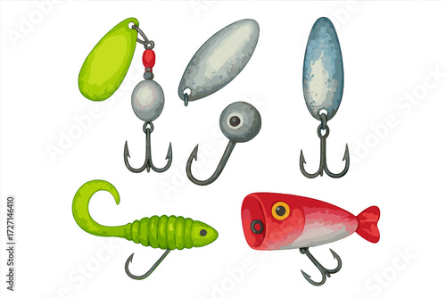 Collection of various fishing lures and hooks including spinners, jigs, and soft plastic baits for angling