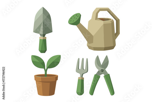 Collection of essential gardening tools including spade, watering can, hand fork, pruning shears, and a small potted plant for home garden cultivation and landscaping projects