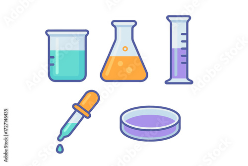 Assortment of colorful laboratory glassware and scientific instruments for chemistry experiments and research