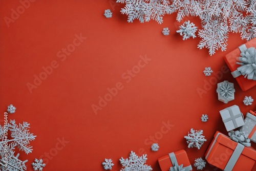 Colorful Christmas Gifts and Snowflakes on a Bright Red Background