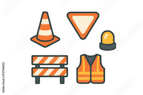 Essential construction and road safety equipment icons including traffic cone, road barrier, yield sign, and safety vest