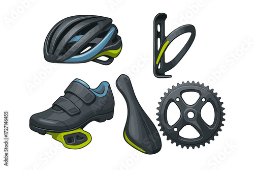 Essential cycling gear collection featuring helmet, shoes, saddle, bottle cage, and chainring for enthusiasts