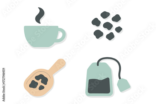 Hot tea cup, loose tea leaves, measuring scoop, and teabag for brewing a comforting beverage