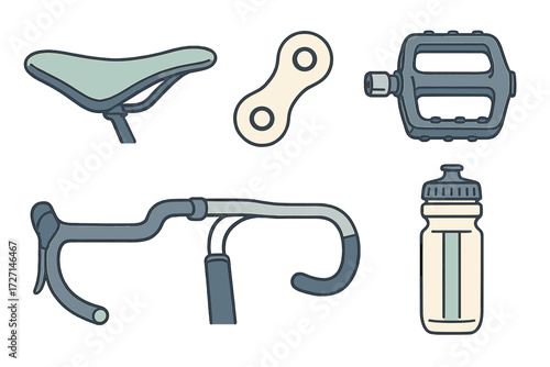Collection of essential bicycle components and accessories including saddle, handlebars, pedal, chain, and water bottle
