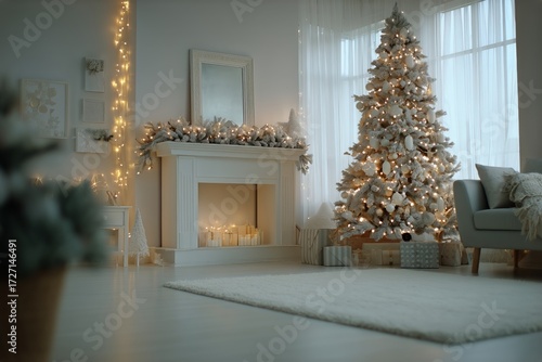 Cozy Holiday Living Room With a Decorated Christmas Tree and Glowing Fireplace.