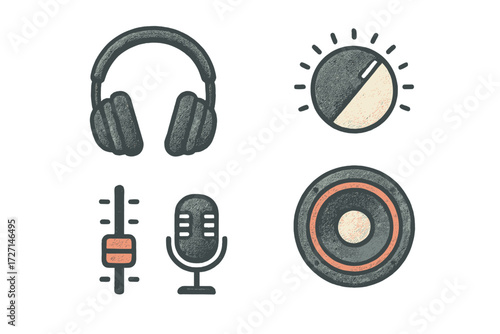 Collection of essential audio equipment icons featuring headphones, sound control knob, equalizer fader, and speaker