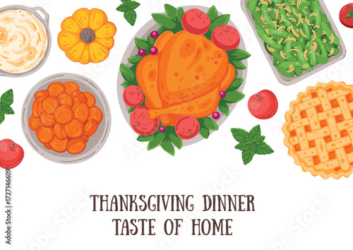 Thanksgiving day, family dinner. Hand drawn flat style. Top view vector illustration. Festive dinner with turkey and potato, apple pie, vegetables, fruits. Autumn food