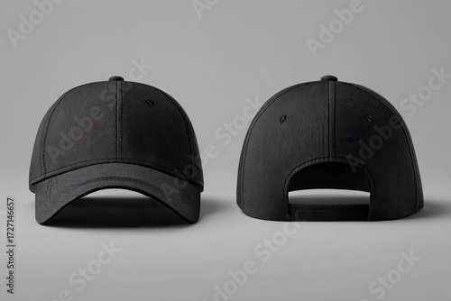 Front and back view of a black baseball cap (3)
