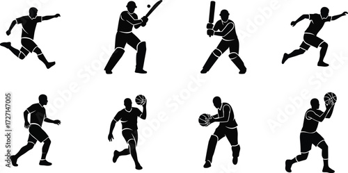 Diverse sports silhouettes set action poses for football baseball cricket soccer players