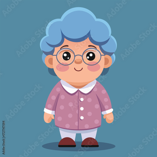 A delightful cartoon depiction of a grandmotherly figure with fluffy blue hair, round glasses, and a warm smile. This cheerful character is ready to bring joy and nostalgia to any project.