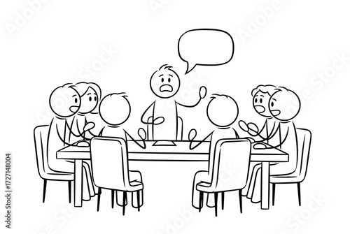 Cartoon stick man illustration of business team meeting with leader presentation and speech bubble. Isolated on white background.