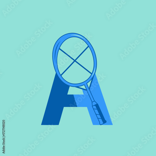Letter A with badminton racket on a light blue background.