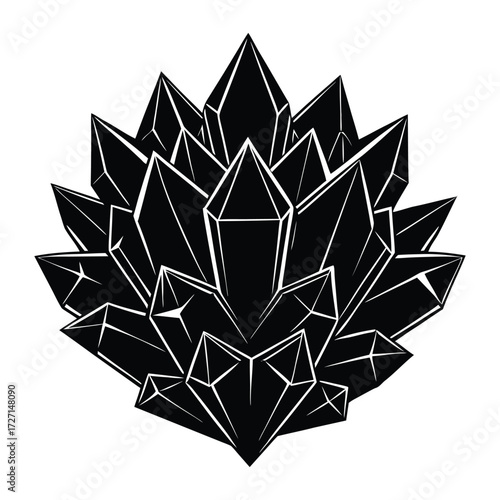 Abstract Crystal Formation Silhouette Illustration Gemstone Design, Black and White on White Background